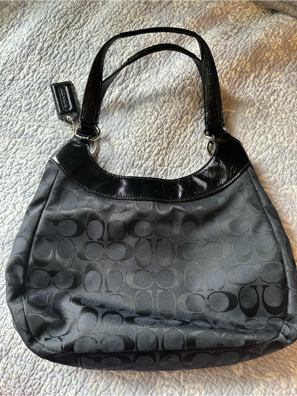 Coach Black Signature Jacquard Shoulder Bag with Patent Trim - Picture 6 of 7